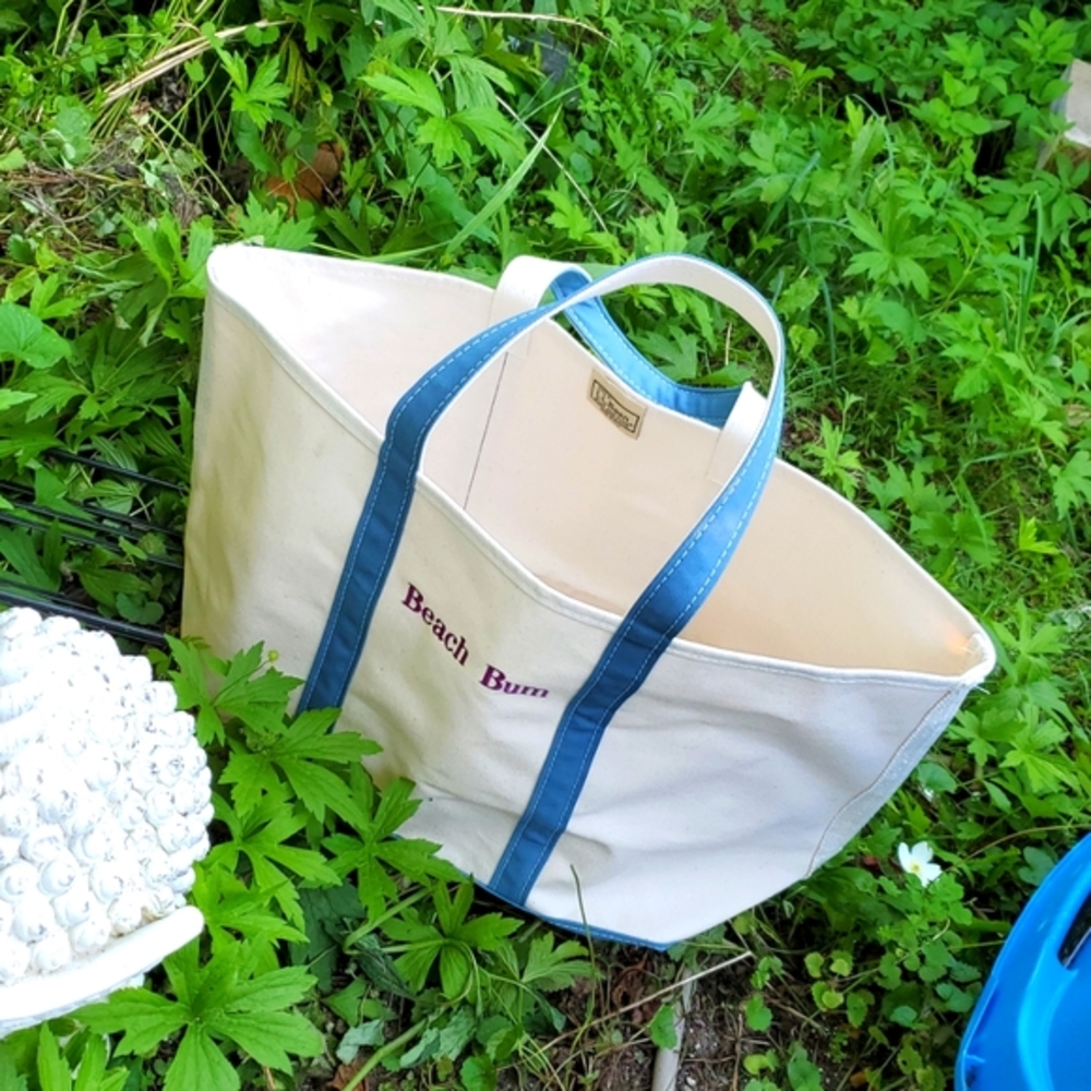 LL Bean Boat BEACH BUM Creme Canvas Tote Slate Blue Monogram Large Custom NWT - Picture 8 of 9